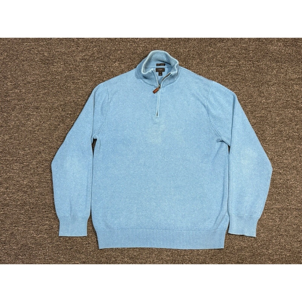 J Crew Sweater Men's Large Blue Pullover Sweatshirt 1/4 Zip Cotton Cashmere
